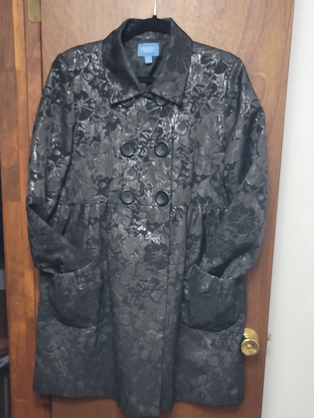 LN. Simply Vera Vera Wang Black Floral Jacquard Double-Breasted "Trench" Coat.